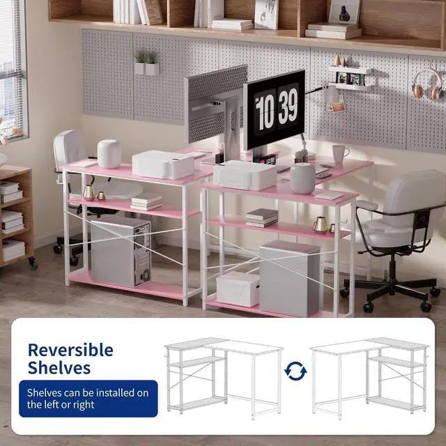 Alt view image 5 of 6 - Pamray 43 Inch L Shaped Computer Desk with Reversible Side Storage Shelves, Small Corner Desk for Small Space Home Office,Writing Study Table PC Desk for Bedroom,Pink with White Leg