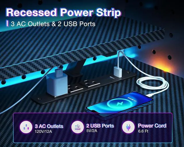 Alt view image 4 of 7 - ODK Reversible Gaming Desk with USB Charging Port and LED Lights, 40 Inch Computer Desk with Storage Shelves & Monitor Stand, Study Table for Home Office, Small Space Bedroom, Carbon Fiber Black