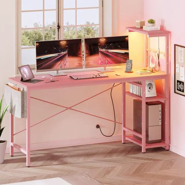 Alt view image 3 of 7 - Bestier Gaming Desk with Power Outlets, 61 Inch Large Led Gamer Desk with 4 Tiers Reversible Shelves, PC Gaming Table with Headset Hook & Side Storage Bag for Bedroom (Pink 3D Carbon Fiber)
