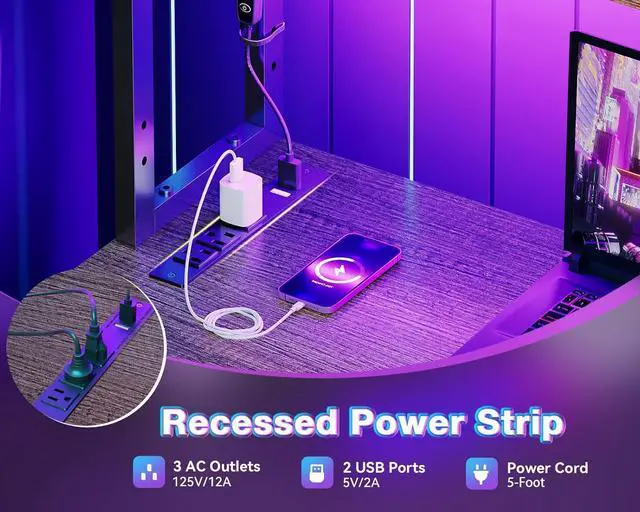 Alt view image 5 of 7 - AODK L Shaped Desk Gaming Desk with LED Light & Power Outlet, 53 Inch Reversible L Shaped Computer Table with Shelf & Storage Bag & Hook for Home Office, Grey Oak