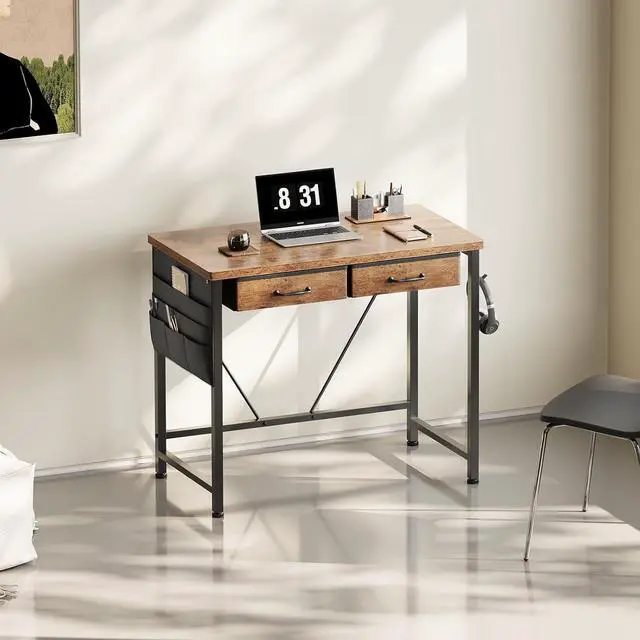 Alt view image 2 of 7 - Maihail Small Desk with Drawers, 31.5 inch Small Computer Desk with Drawers, Writing Desk with Drawers for Small Spaces, Compact Desk for Small Spaces, Metal Frame for PC Laptop, Rustic Brown2