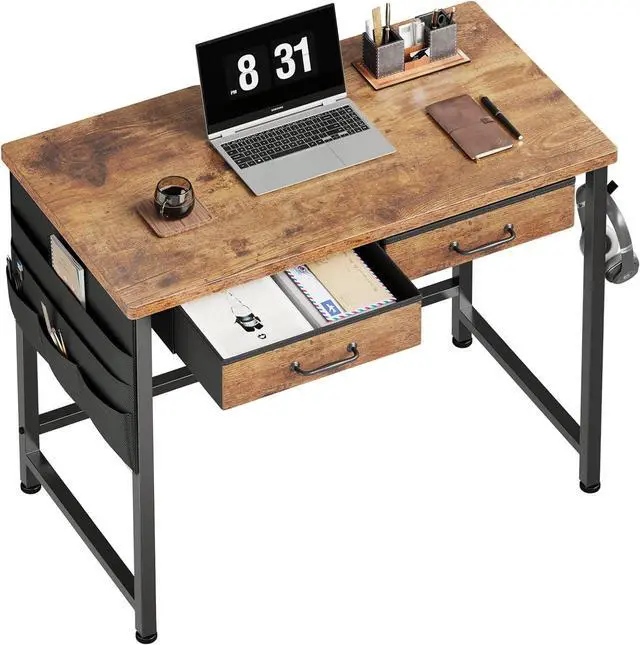 Main image of Maihail Small Desk with Drawers, 31.5 inch Small Computer Desk with Drawers, Writing Desk with Drawers for Small Spaces, Compact Desk for Small Spaces, Metal Frame for PC Laptop, Rustic Brown2