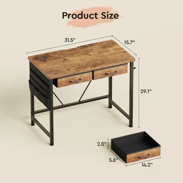 Alt view image 3 of 7 - Maihail Small Desk with Drawers, 31.5 inch Small Computer Desk with Drawers, Writing Desk with Drawers for Small Spaces, Compact Desk for Small Spaces, Metal Frame for PC Laptop, Rustic Brown2