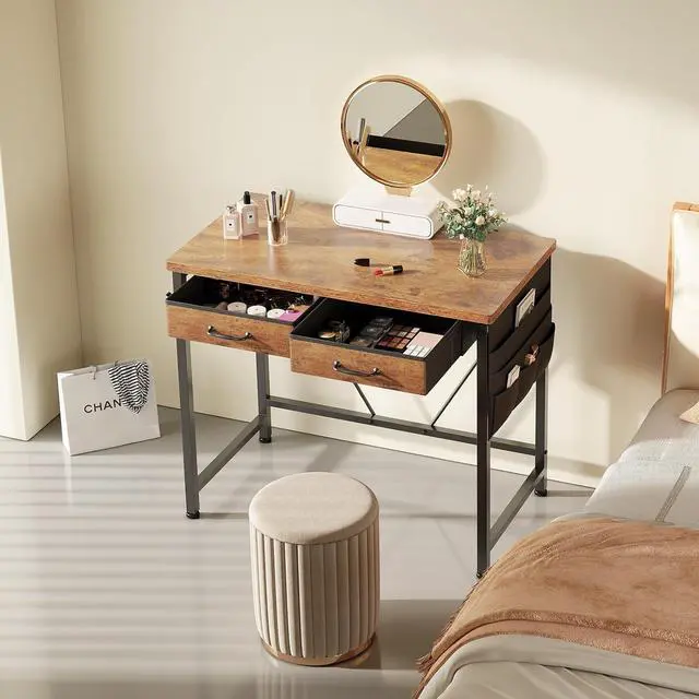 Alt view image 4 of 7 - Maihail Small Desk with Drawers, 31.5 inch Small Computer Desk with Drawers, Writing Desk with Drawers for Small Spaces, Compact Desk for Small Spaces, Metal Frame for PC Laptop, Rustic Brown2