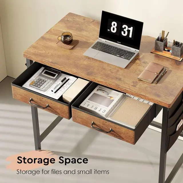 Alt view image 5 of 7 - Maihail Small Desk with Drawers, 31.5 inch Small Computer Desk with Drawers, Writing Desk with Drawers for Small Spaces, Compact Desk for Small Spaces, Metal Frame for PC Laptop, Rustic Brown2