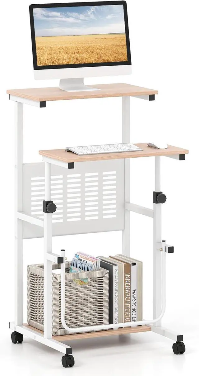 Main image of Tangkula Adjustable Standing Desk, Mobile Rolling Computer Desk with Storage Shelf, Portable Laptop Table with Footrest, Mesh Panel, Lockable Wheels, Sit Stand Workstation for Home Office