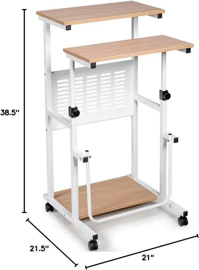 Alt view image 3 of 7 - Tangkula Adjustable Standing Desk, Mobile Rolling Computer Desk with Storage Shelf, Portable Laptop Table with Footrest, Mesh Panel, Lockable Wheels, Sit Stand Workstation for Home Office