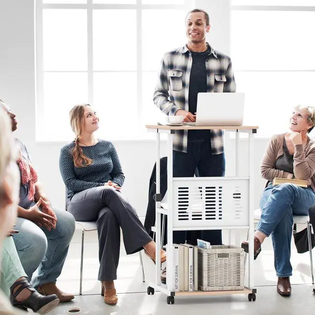 Alt view image 5 of 7 - Tangkula Adjustable Standing Desk, Mobile Rolling Computer Desk with Storage Shelf, Portable Laptop Table with Footrest, Mesh Panel, Lockable Wheels, Sit Stand Workstation for Home Office