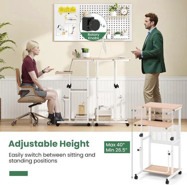 Alt view image 6 of 7 - Tangkula Adjustable Standing Desk, Mobile Rolling Computer Desk with Storage Shelf, Portable Laptop Table with Footrest, Mesh Panel, Lockable Wheels, Sit Stand Workstation for Home Office