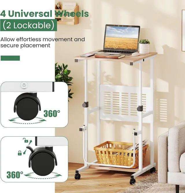Alt view image 7 of 7 - Tangkula Adjustable Standing Desk, Mobile Rolling Computer Desk with Storage Shelf, Portable Laptop Table with Footrest, Mesh Panel, Lockable Wheels, Sit Stand Workstation for Home Office