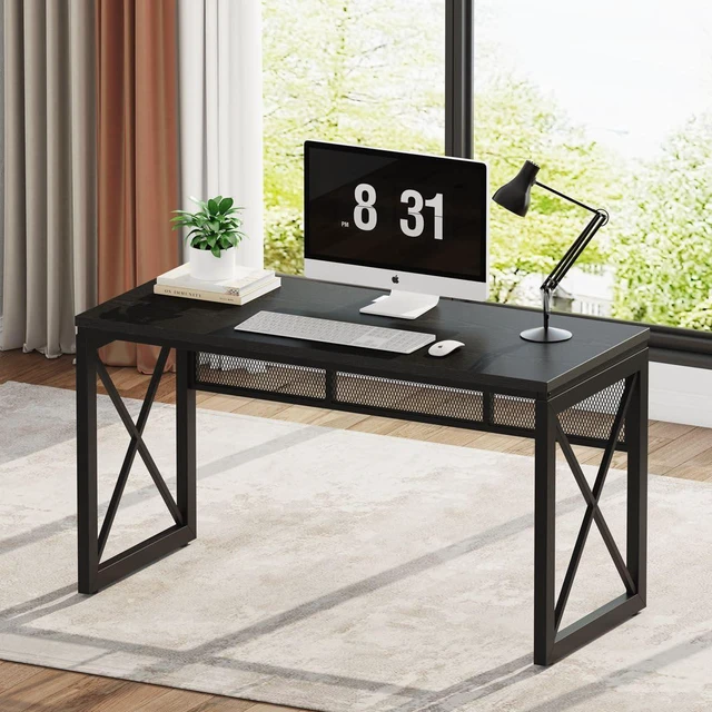 Alt view image 6 of 7 - BON AUGURE Black Computer Desk, Modern Gaming Desk, Industrial Wood Office Desks, Sturdy Writing Desks for Home Office, Living Room, Study Workstation, Bedroom (Black, 54 Inch)