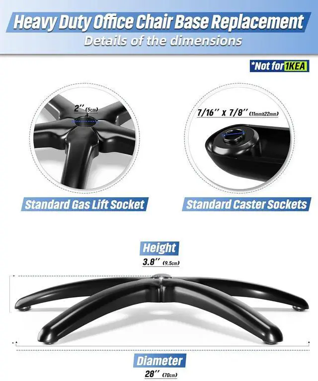 Alt view image 2 of 7 - Sytopia 28" Heavy-Duty Office Chair Base Replacement with Wheels (Set of 5), Metal Base with Casters, Total Height: 7.5" (18.9 cm), Compatible with 2" Gas Cylinder