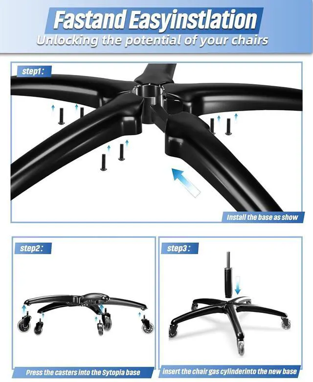Alt view image 7 of 7 - Sytopia 28" Heavy-Duty Office Chair Base Replacement with Wheels (Set of 5), Metal Base with Casters, Total Height: 7.5" (18.9 cm), Compatible with 2" Gas Cylinder