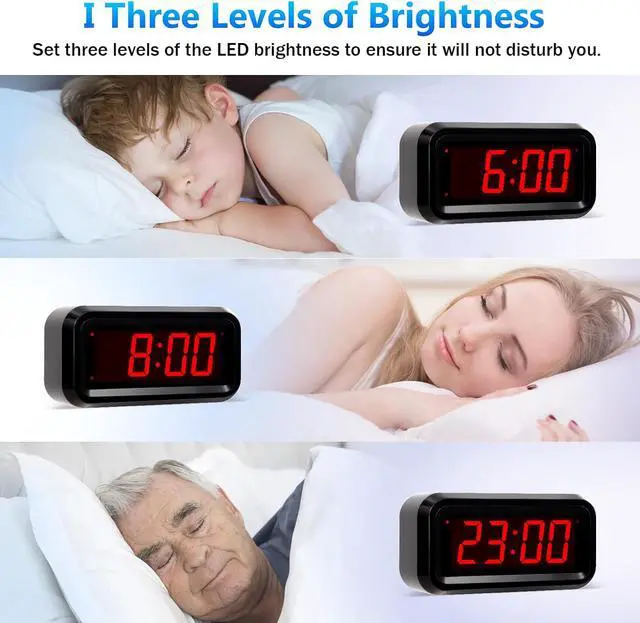 Alt view image 3 of 6 - Digital Alarm Clock Battery Operated with LED Display for Bedrooms, Long Battery Life for 12 Months, 3 Brightness Adjustable, 12/24 Hour, Snooze, Black Case with Red Digits