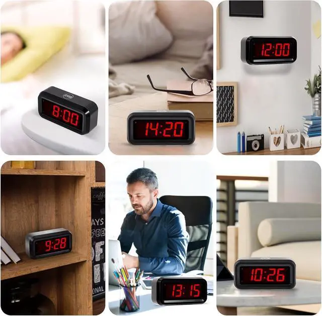 Alt view image 6 of 6 - Digital Alarm Clock Battery Operated with LED Display for Bedrooms, Long Battery Life for 12 Months, 3 Brightness Adjustable, 12/24 Hour, Snooze, Black Case with Red Digits