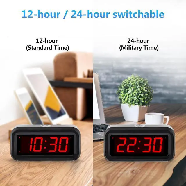 Alt view image 5 of 6 - Digital Alarm Clock Battery Operated with LED Display for Bedrooms, Long Battery Life for 12 Months, 3 Brightness Adjustable, 12/24 Hour, Snooze, Black Case with Red Digits