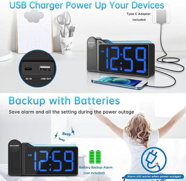 Alt view image 7 of 7 - Peakeep Projection Alarm Clock for Bedroom Ceiling with Colorful Nightlight
