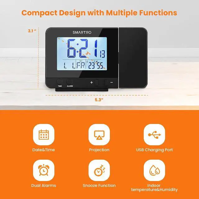 Alt view image 2 of 7 - Digital Projection Alarm Clock for Bedrooms with Indoor Thermometer | Hygrometer, USB Charger, Bedside Projector, Travel, AC and Battery Operated