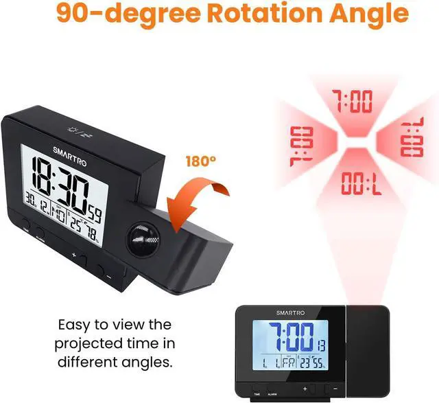 Alt view image 4 of 7 - Digital Projection Alarm Clock for Bedrooms with Indoor Thermometer | Hygrometer, USB Charger, Bedside Projector, Travel, AC and Battery Operated