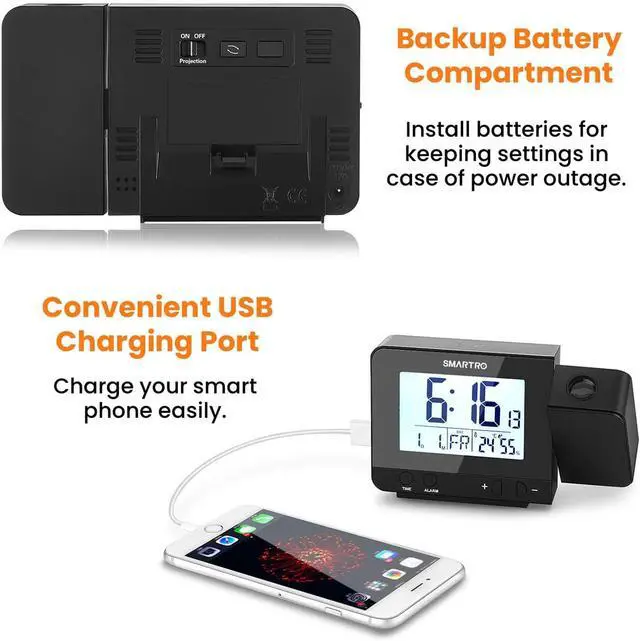 Alt view image 6 of 7 - Digital Projection Alarm Clock for Bedrooms with Indoor Thermometer | Hygrometer, USB Charger, Bedside Projector, Travel, AC and Battery Operated
