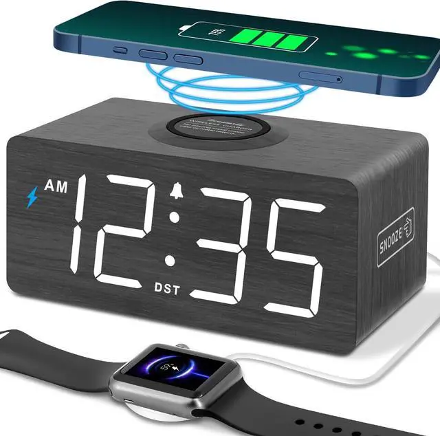 Main image of DreamSky Wooden Digital Alarm Clock with Wireless Charging for Bedroom | Bedside Nightstand Clock with Charger Station, USB Port, Large Numbers, Adjustable Volume, Brightness Dimmer, DST