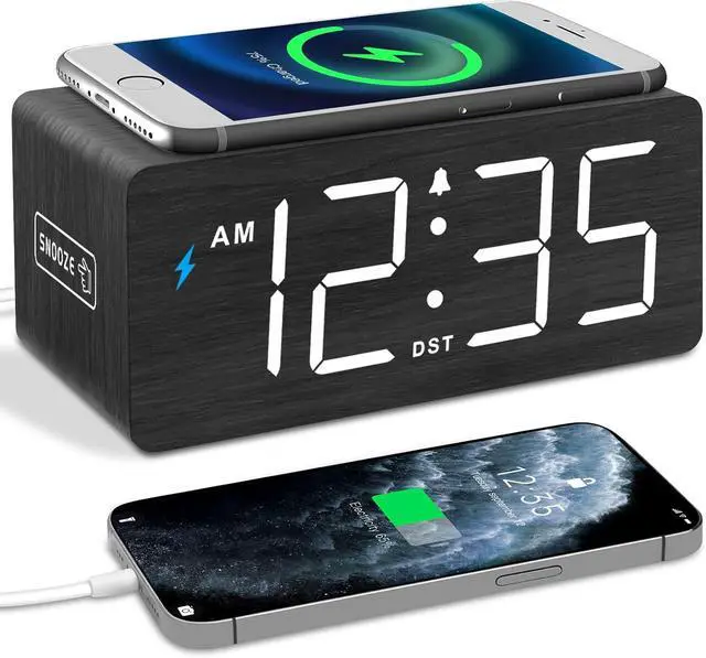 Alt view image 2 of 7 - DreamSky Wooden Digital Alarm Clock with Wireless Charging for Bedroom | Bedside Nightstand Clock with Charger Station, USB Port, Large Numbers, Adjustable Volume, Brightness Dimmer, DST