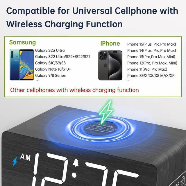 Alt view image 4 of 7 - DreamSky Wooden Digital Alarm Clock with Wireless Charging for Bedroom | Bedside Nightstand Clock with Charger Station, USB Port, Large Numbers, Adjustable Volume, Brightness Dimmer, DST