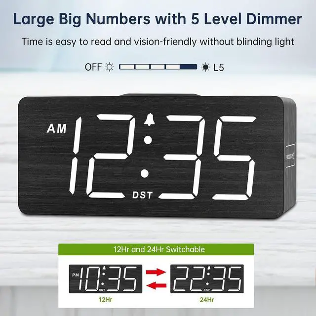 Alt view image 5 of 7 - DreamSky Wooden Digital Alarm Clock with Wireless Charging for Bedroom | Bedside Nightstand Clock with Charger Station, USB Port, Large Numbers, Adjustable Volume, Brightness Dimmer, DST