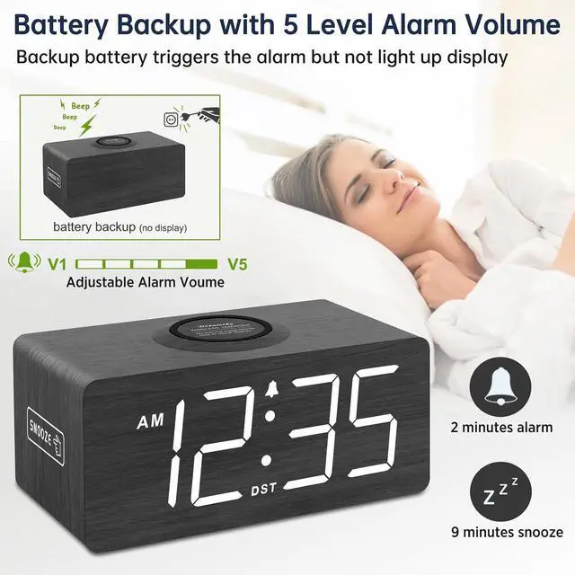 Alt view image 7 of 7 - DreamSky Wooden Digital Alarm Clock with Wireless Charging for Bedroom | Bedside Nightstand Clock with Charger Station, USB Port, Large Numbers, Adjustable Volume, Brightness Dimmer, DST