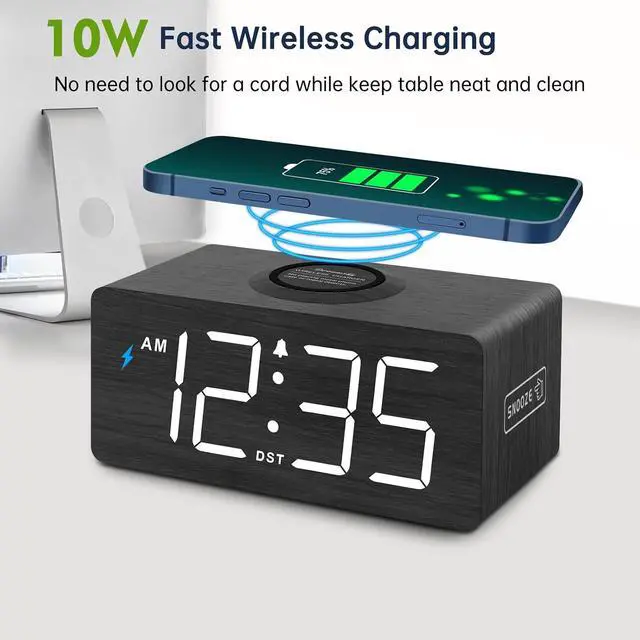 Alt view image 3 of 7 - DreamSky Wooden Digital Alarm Clock with Wireless Charging for Bedroom | Bedside Nightstand Clock with Charger Station, USB Port, Large Numbers, Adjustable Volume, Brightness Dimmer, DST