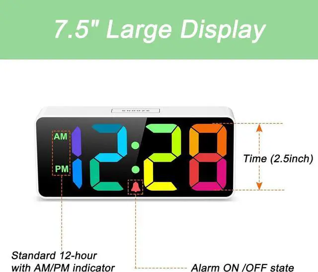 Alt view image 2 of 7 - 7.5 Inches Large Digital Alarm Clock for Seniors & Kids, 0-100% Dimmable Display, USB Charging Port, Adjustable Volume, Easy Operation, Snooze, Outlet Powered for Bedroom