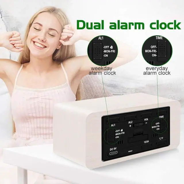 Alt view image 4 of 7 - MOSITO Digital Wooden Alarm Clock with Wireless Charging, 0-100% Dimmer, Dual Alarm, Weekday/Weekend Mode, Snooze, Wood LED Clocks for Bedroom, Bedside, Desk, Kids (White)