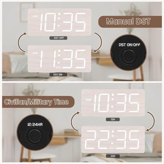 Alt view image 5 of 6 - DreamSky Wooden Digital Alarm Clock for Bedroom - Desk Clock for Living Room with Large Numbers, Dimmer, Loud Alarm for Heavy Sleepers with Volume Control, DST, Office Wood Decor (Adapter Powered)