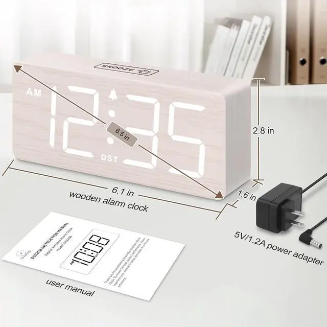 Alt view image 6 of 6 - DreamSky Wooden Digital Alarm Clock for Bedroom - Desk Clock for Living Room with Large Numbers, Dimmer, Loud Alarm for Heavy Sleepers with Volume Control, DST, Office Wood Decor (Adapter Powered)