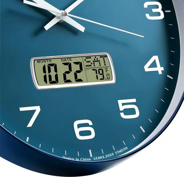 Alt view image 4 of 6 - Wall Clock, 12" Dial Non-Ticking Silent Battery Operated Analog with LCD Display for Perpetual Calendar and F° Temperature, Ideal Modern Home, Bedroom, Kitchen, Office Decor (Blue)