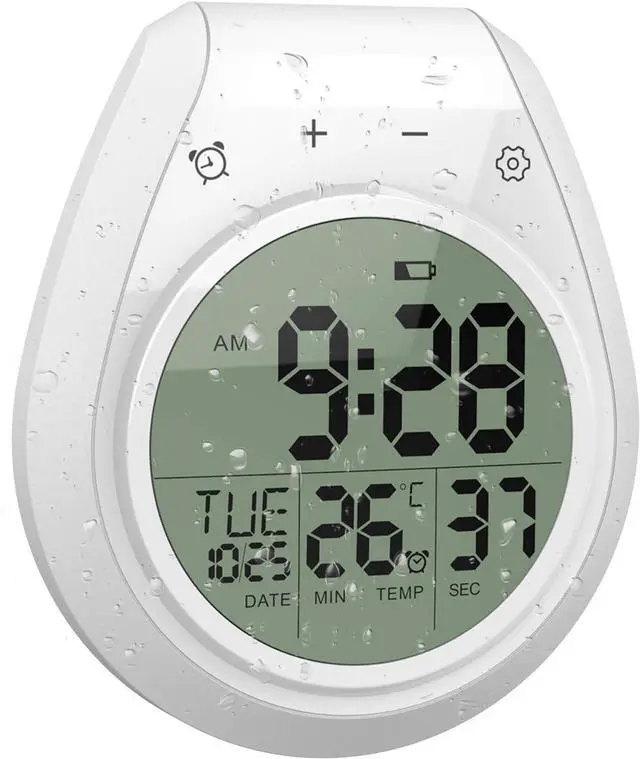 Main image of Shower Timer Clock Waterproof, Digital Bathroom Kitchen Wall Clock with LCD Display, 12/24 Hour Format, Temperature, Countdown Timer, Suction Cup, Hanging Hole