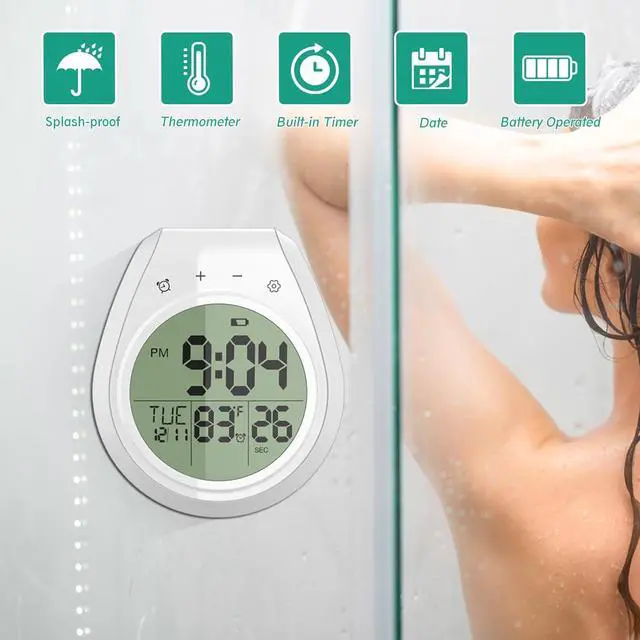Alt view image 3 of 7 - Shower Timer Clock Waterproof, Digital Bathroom Kitchen Wall Clock with LCD Display, 12/24 Hour Format, Temperature, Countdown Timer, Suction Cup, Hanging Hole