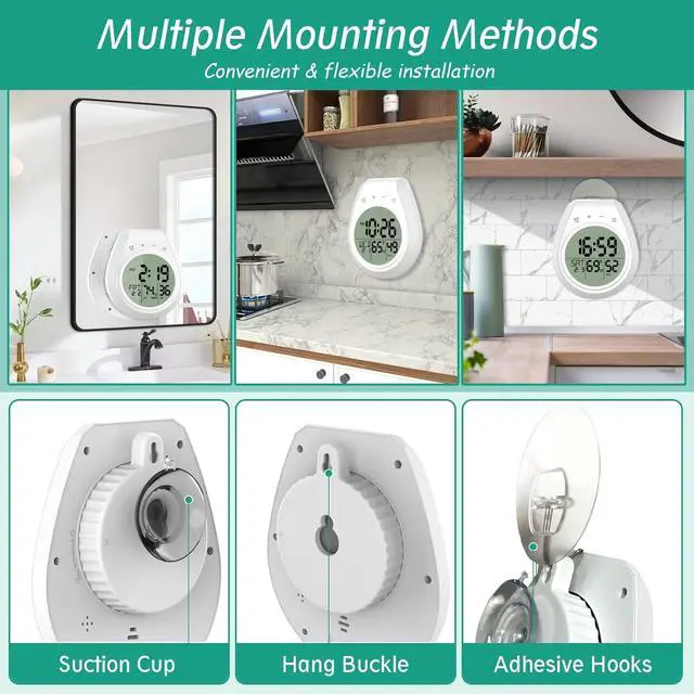 Alt view image 4 of 7 - Shower Timer Clock Waterproof, Digital Bathroom Kitchen Wall Clock with LCD Display, 12/24 Hour Format, Temperature, Countdown Timer, Suction Cup, Hanging Hole