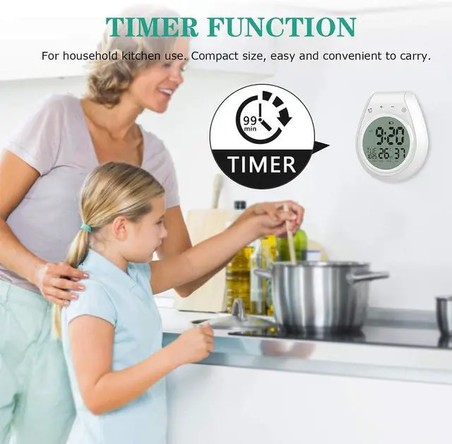 Alt view image 5 of 7 - Shower Timer Clock Waterproof, Digital Bathroom Kitchen Wall Clock with LCD Display, 12/24 Hour Format, Temperature, Countdown Timer, Suction Cup, Hanging Hole