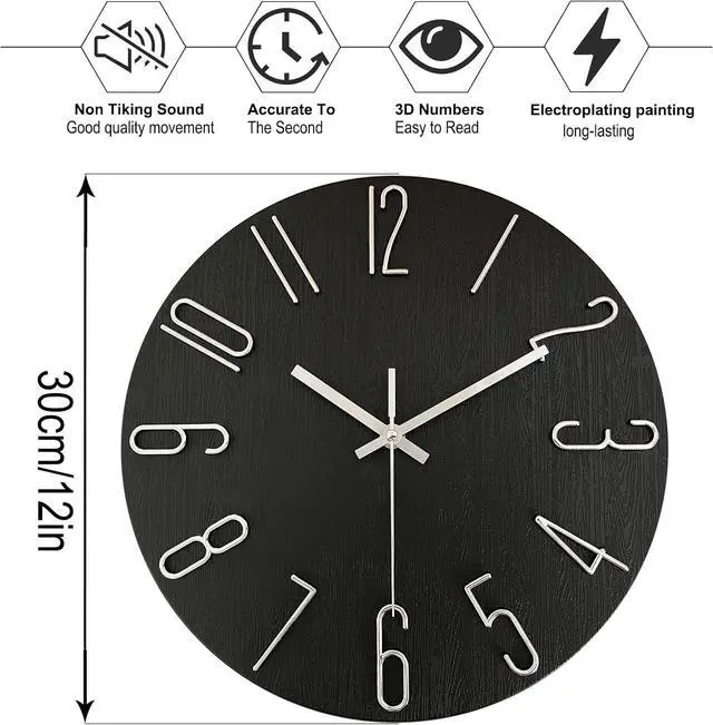 Alt view image 4 of 7 - AIRUIFU Wall Clock 12 Inch Silent Non-Ticking Modern Clocks Battery Operated - Analog Small Classic for Office, Home, Bathroom, Kitchen, Bedroom, School, Living Room(Black)
