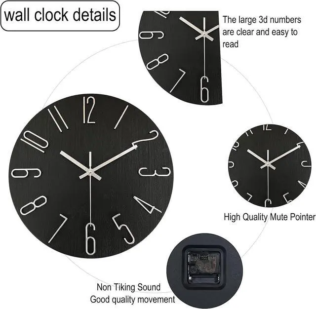 Alt view image 5 of 7 - AIRUIFU Wall Clock 12 Inch Silent Non-Ticking Modern Clocks Battery Operated - Analog Small Classic for Office, Home, Bathroom, Kitchen, Bedroom, School, Living Room(Black)