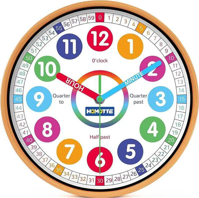 Main image of Kids Wall Clock for Bedroom, 10 Inch Round Multi-Colored Learning Clock, Children's Silent Analog Non-Ticking Educational Wall Clock for Boys and Girls Classroom Home Decor