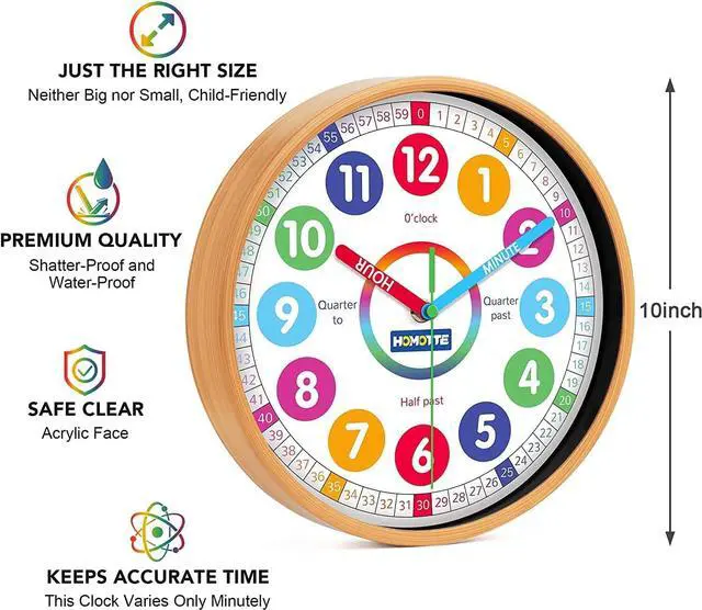 Alt view image 2 of 7 - Kids Wall Clock for Bedroom, 10 Inch Round Multi-Colored Learning Clock, Children's Silent Analog Non-Ticking Educational Wall Clock for Boys and Girls Classroom Home Decor