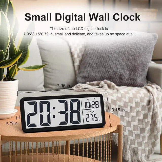 Alt view image 3 of 6 - JoFomp LCD Digital Wall Clocks Battery Operated, 8.5" Modern Wall Clocks for Living Room Decor, Simple Digital Wall Clock with Temperature/Date/Time - 12/24H, Small Desk Clock for Bedroom Office