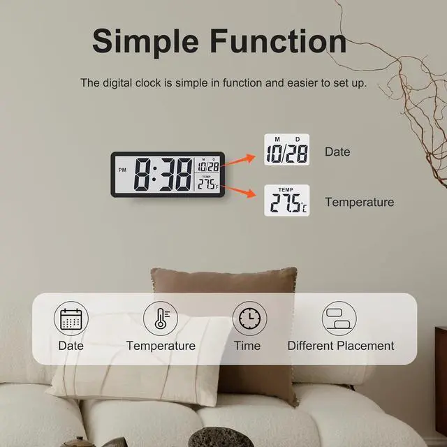 Alt view image 2 of 6 - JoFomp LCD Digital Wall Clocks Battery Operated, 8.5" Modern Wall Clocks for Living Room Decor, Simple Digital Wall Clock with Temperature/Date/Time - 12/24H, Small Desk Clock for Bedroom Office