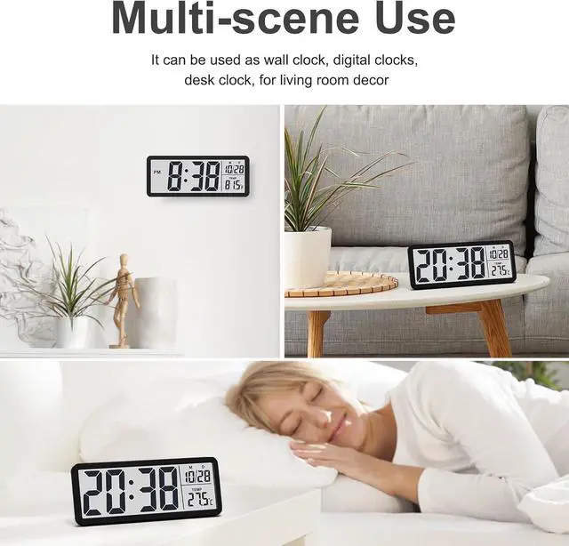 Alt view image 6 of 6 - JoFomp LCD Digital Wall Clocks Battery Operated, 8.5" Modern Wall Clocks for Living Room Decor, Simple Digital Wall Clock with Temperature/Date/Time - 12/24H, Small Desk Clock for Bedroom Office