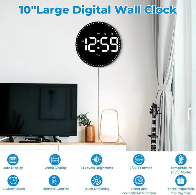 Alt view image 3 of 7 - SZELAM Digital Wall Clock,10" Digital Clock Large Display with Remote Control,Adjustable Brightness, Calendar, Temperature, 12/24 H, for Living Room Office Bedroom Elderly Adults