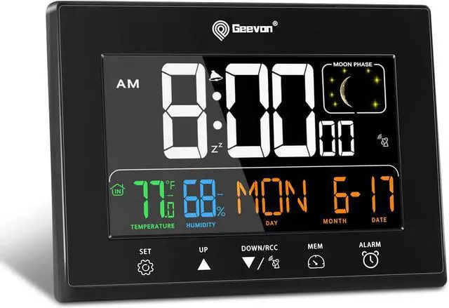 Main image of Geevon Digital Atomic Alarm Clocks for Bedrooms with 2 USB Ports, Color VA Display Atomic Clock with Indoor Temperature and Humidity, DST, Calendar, and Moon Phases for Seniors Elderly