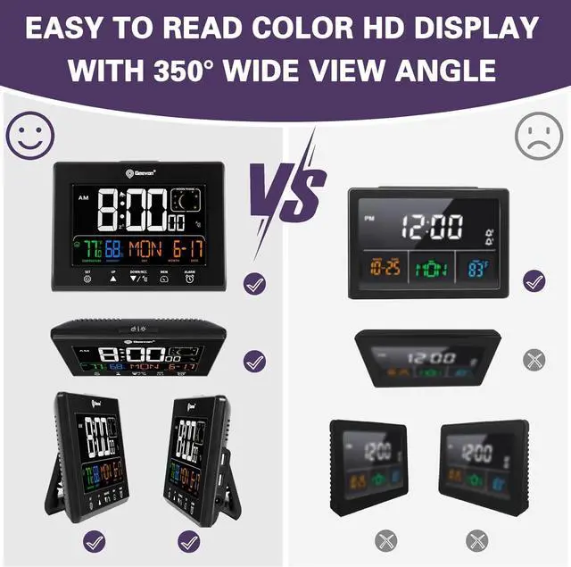 Alt view image 2 of 7 - Geevon Digital Atomic Alarm Clocks for Bedrooms with 2 USB Ports, Color VA Display Atomic Clock with Indoor Temperature and Humidity, DST, Calendar, and Moon Phases for Seniors Elderly