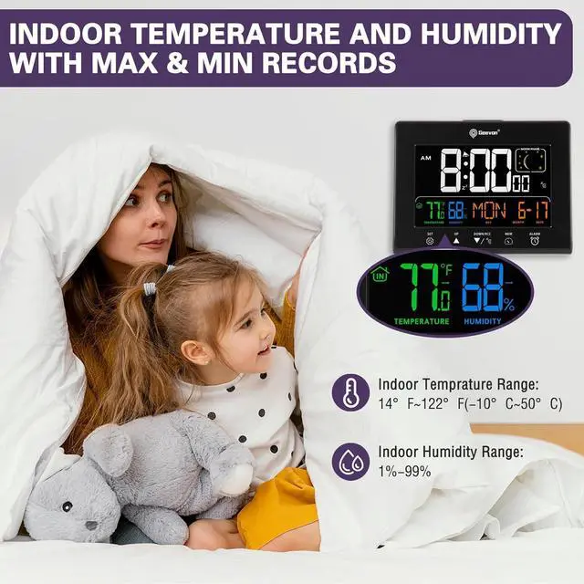 Alt view image 4 of 7 - Geevon Digital Atomic Alarm Clocks for Bedrooms with 2 USB Ports, Color VA Display Atomic Clock with Indoor Temperature and Humidity, DST, Calendar, and Moon Phases for Seniors Elderly